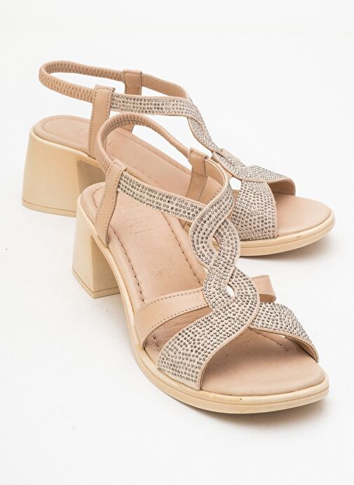 DOLEN Bej Taşlı Hakiki Deri Kadın Kalın Topuklu Sandalet - Görsel 2
