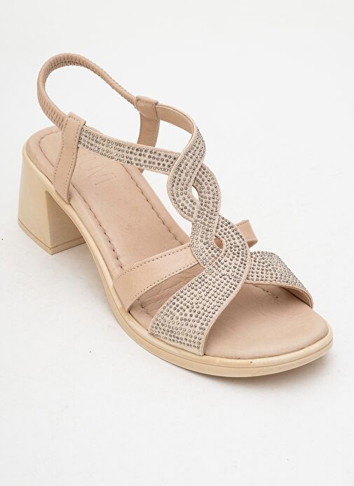 DOLEN Bej Taşlı Hakiki Deri Kadın Kalın Topuklu Sandalet - Görsel 4
