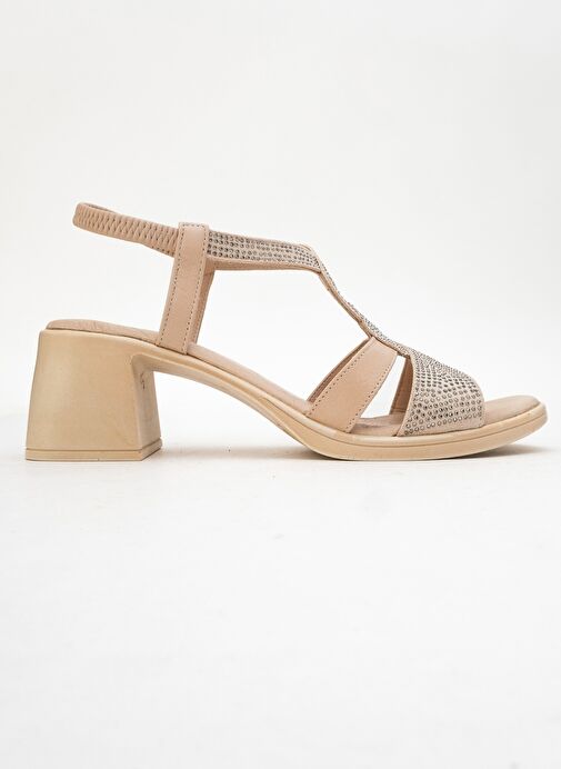 DOLEN Bej Taşlı Hakiki Deri Kadın Kalın Topuklu Sandalet - Görsel 7