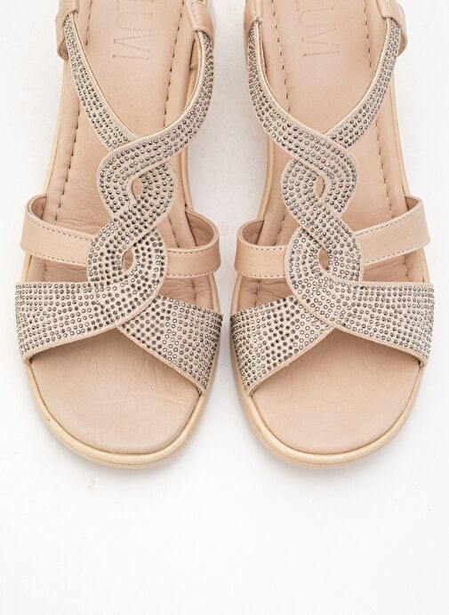 DOLEN Bej Taşlı Hakiki Deri Kadın Kalın Topuklu Sandalet - Görsel 3