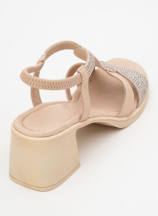 DOLEN Bej Taşlı Hakiki Deri Kadın Kalın Topuklu Sandalet - Görsel 6