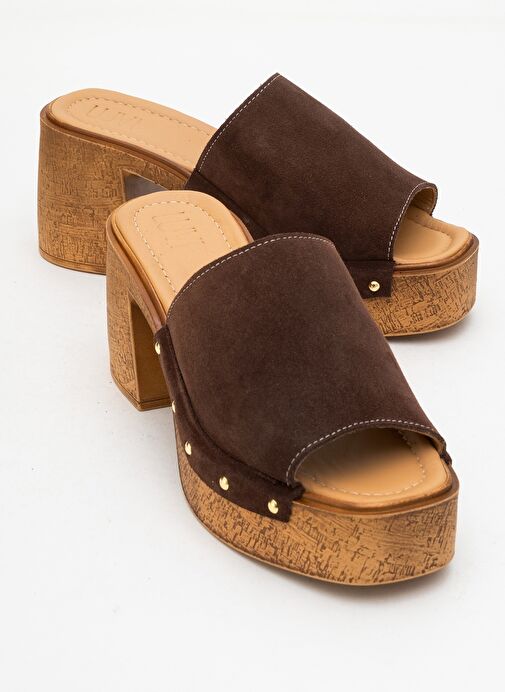 PULL Kahverengi Süet Hakiki Deri Kadın Platform Topuklu Terlik - Görsel 2