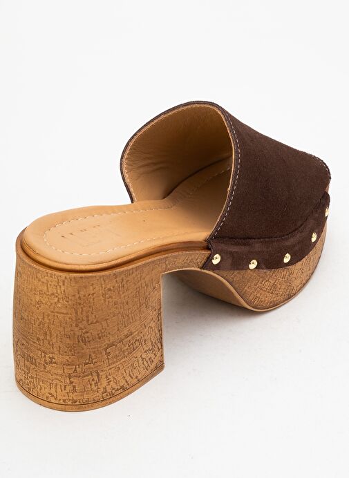 PULL Kahverengi Süet Hakiki Deri Kadın Platform Topuklu Terlik - Görsel 6