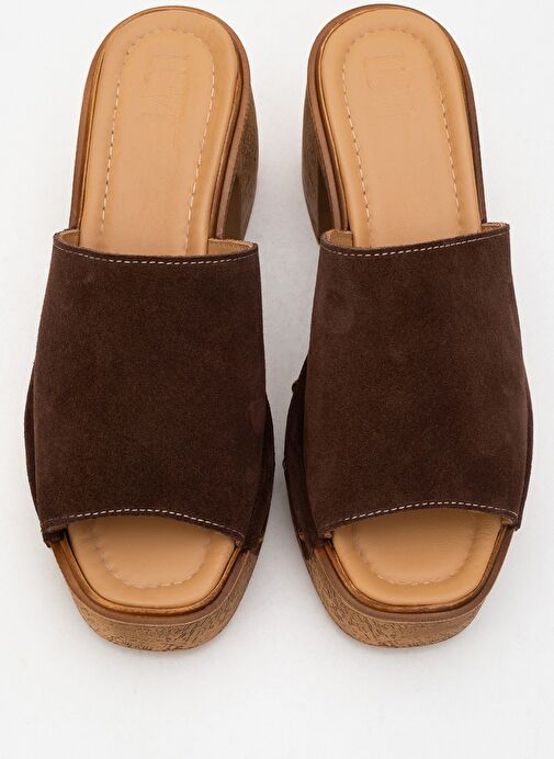 PULL Kahverengi Süet Hakiki Deri Kadın Platform Topuklu Terlik - Görsel 3