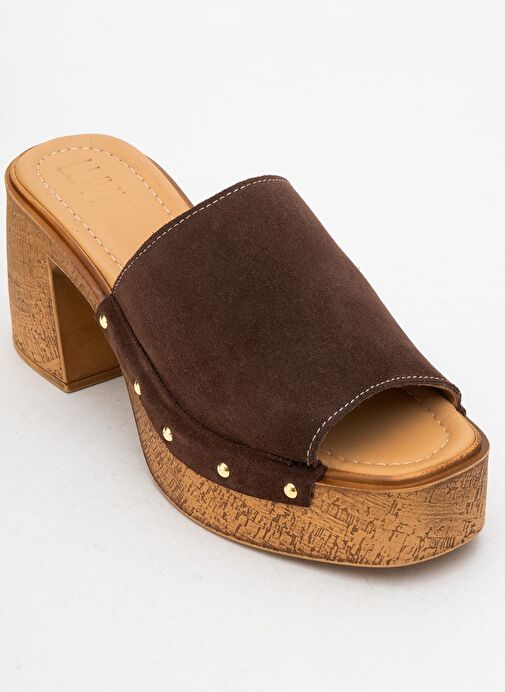 PULL Kahverengi Süet Hakiki Deri Kadın Platform Topuklu Terlik - Görsel 4