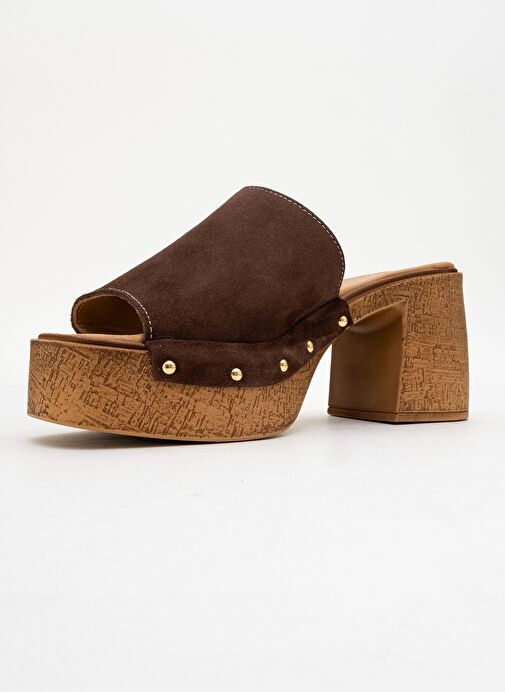 PULL Kahverengi Süet Hakiki Deri Kadın Platform Topuklu Terlik - Görsel 5