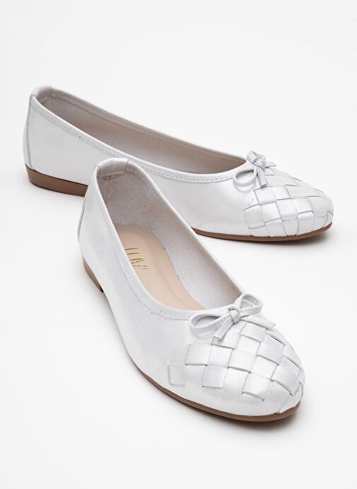 03 Beyaz Simli Hakiki Deri Kadın Babet Ayakkabı - Görsel 2