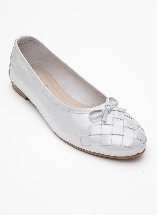 03 Beyaz Simli Hakiki Deri Kadın Babet Ayakkabı - Görsel 4
