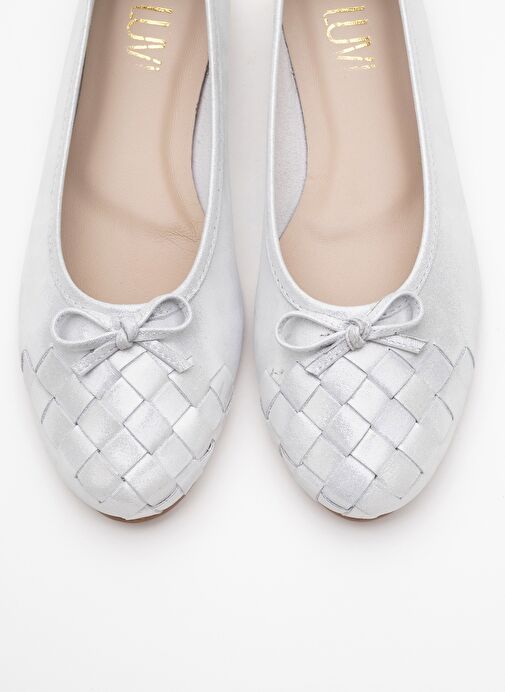 03 Beyaz Simli Hakiki Deri Kadın Babet Ayakkabı - Görsel 3