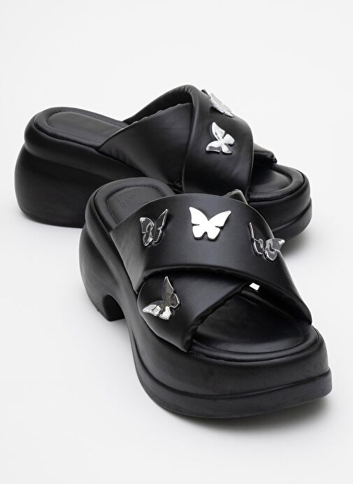 FORCE Siyah Kelebek Tokalı Dolgu Tabanlı Kadın Terlik - Görsel 2