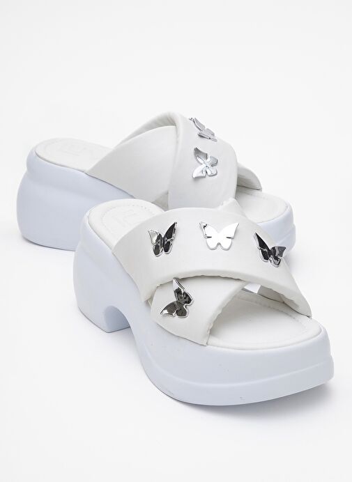 FORCE Beyaz Kelebek Tokalı Dolgu Tabanlı Kadın Terlik - Görsel 2