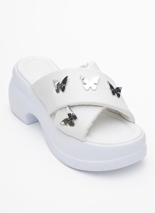 FORCE Beyaz Kelebek Tokalı Dolgu Tabanlı Kadın Terlik - Görsel 4