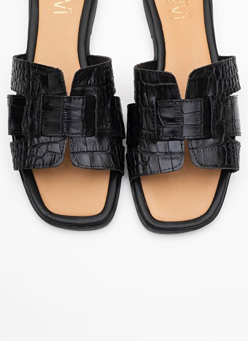 NOTRE Siyah Baskı Hakiki Deri Kadın Terlik - Görsel 3