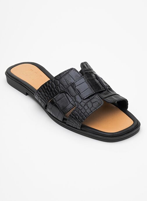 NOTRE Siyah Baskı Hakiki Deri Kadın Terlik - Görsel 4