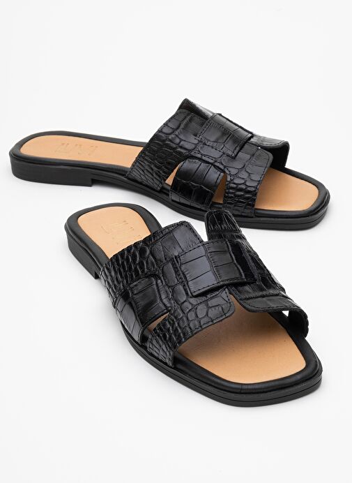 NOTRE Siyah Baskı Hakiki Deri Kadın Terlik - Görsel 2