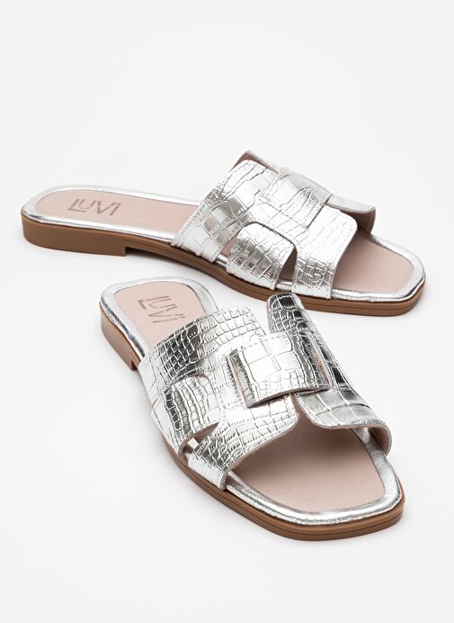 NOTRE Gümüş Baskı Hakiki Deri Kadın Terlik - Görsel 2