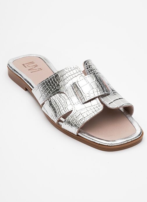 NOTRE Gümüş Baskı Hakiki Deri Kadın Terlik - Görsel 4
