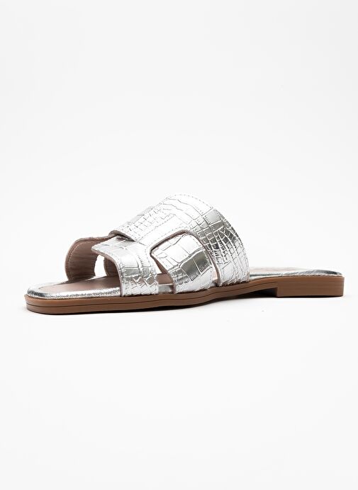 NOTRE Gümüş Baskı Hakiki Deri Kadın Terlik - Görsel 5