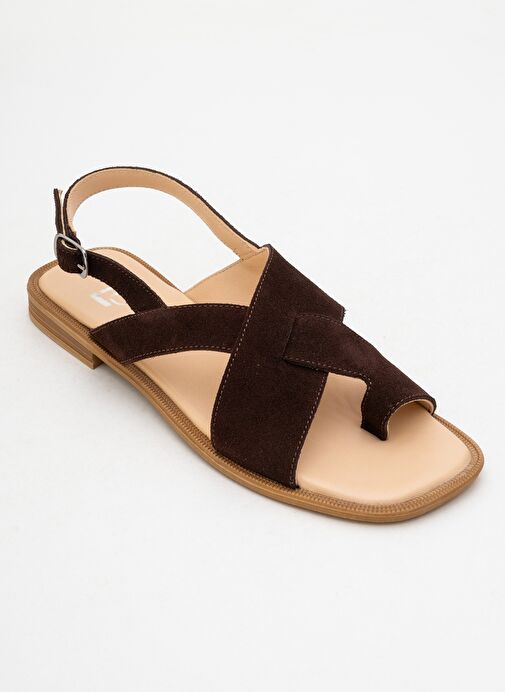 LOUNA Kahverengi Süet Hakiki Deri Parmak Arası Kadın Sandalet - Görsel 4