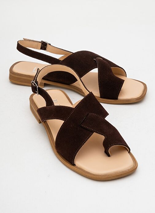 LOUNA Kahverengi Süet Hakiki Deri Parmak Arası Kadın Sandalet - Görsel 2