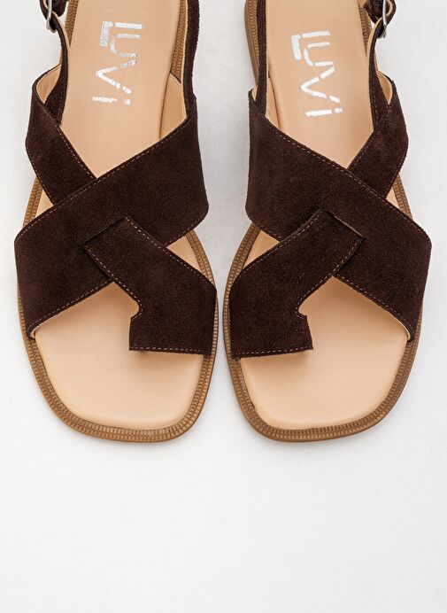 LOUNA Kahverengi Süet Hakiki Deri Parmak Arası Kadın Sandalet - Görsel 3
