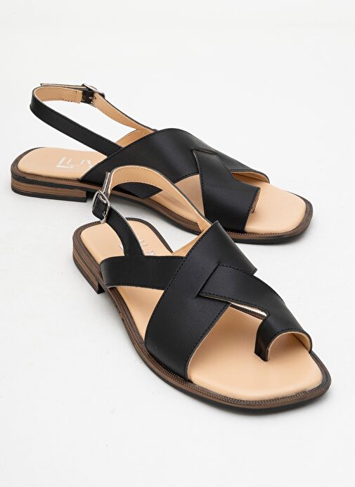 LOUNA Siyah Cilt Hakiki Deri Parmak Arası Kadın Sandalet - Görsel 2