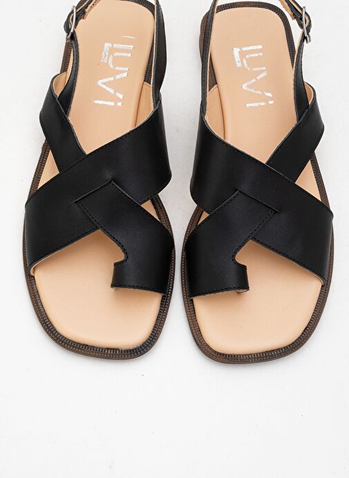 LOUNA Siyah Cilt Hakiki Deri Parmak Arası Kadın Sandalet - Görsel 3