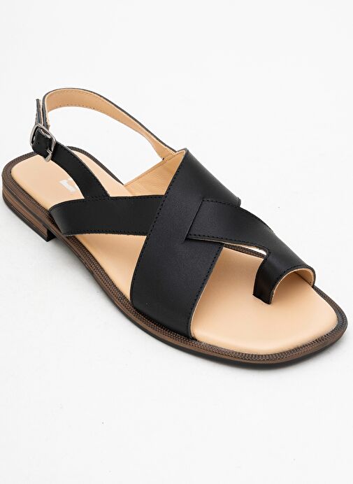 LOUNA Siyah Cilt Hakiki Deri Parmak Arası Kadın Sandalet - Görsel 4