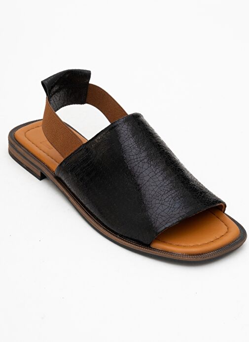 FUELA Siyah Hakiki Deri Lastikli Kadın Sandalet - Görsel 4