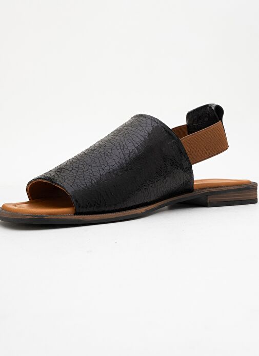 FUELA Siyah Hakiki Deri Lastikli Kadın Sandalet - Görsel 5