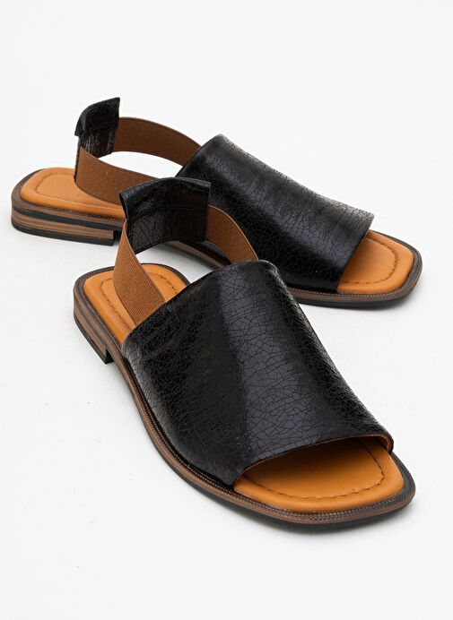 FUELA Siyah Hakiki Deri Lastikli Kadın Sandalet - Görsel 2