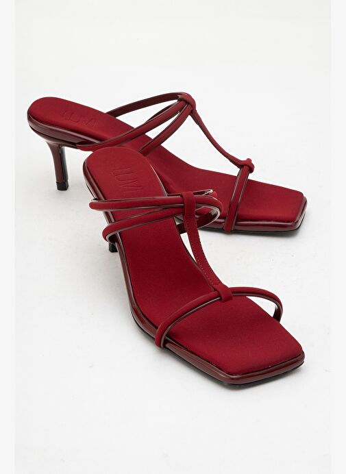 MOCHA Bordo Kare Burunlu İnce Bantlı Kadın Topuklu Terlik - Görsel 2