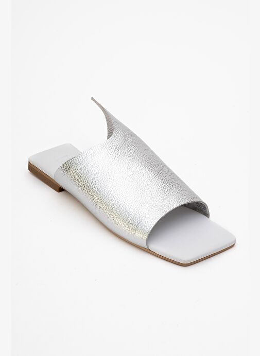 LUCKY Gümüş Hakiki Deri Kadın Terlik - Görsel 4