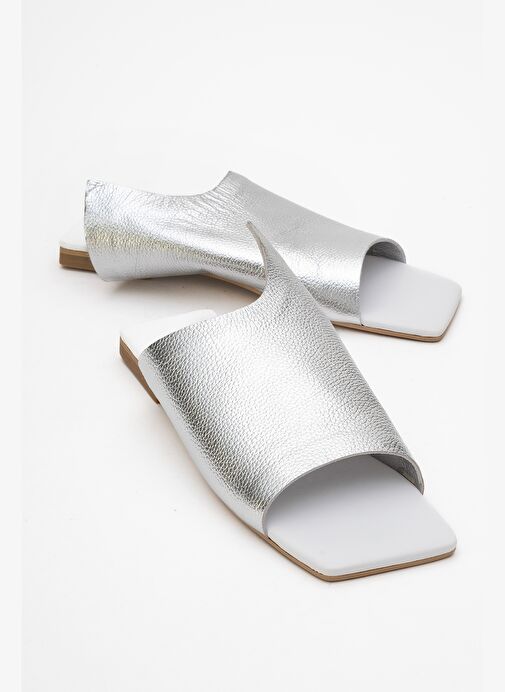 LUCKY Gümüş Hakiki Deri Kadın Terlik - Görsel 2