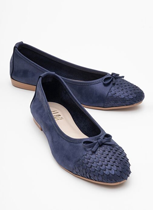 02 Lacivert Simli Hakiki Deri Kadın Babet Ayakkabı - Görsel 2