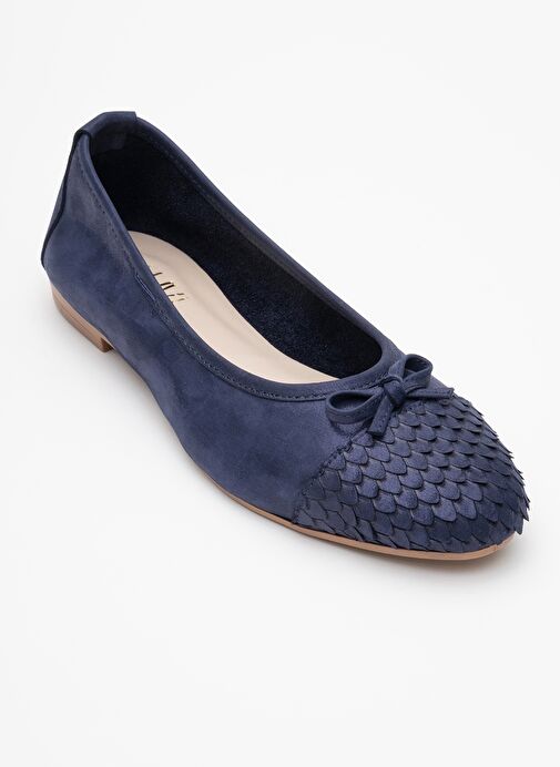 02 Lacivert Simli Hakiki Deri Kadın Babet Ayakkabı - Görsel 4