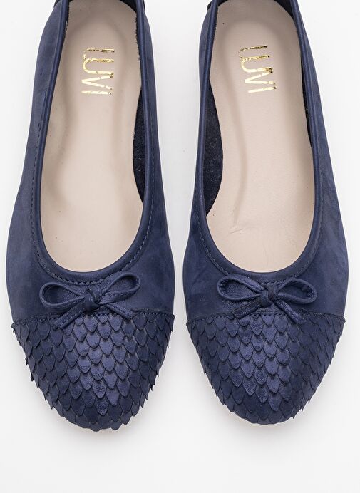 02 Lacivert Simli Hakiki Deri Kadın Babet Ayakkabı - Görsel 3