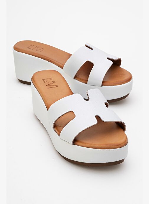 LIA Beyaz Cilt Hakiki Deri Kadın Dolgu Topuklu Terlik - Görsel 2