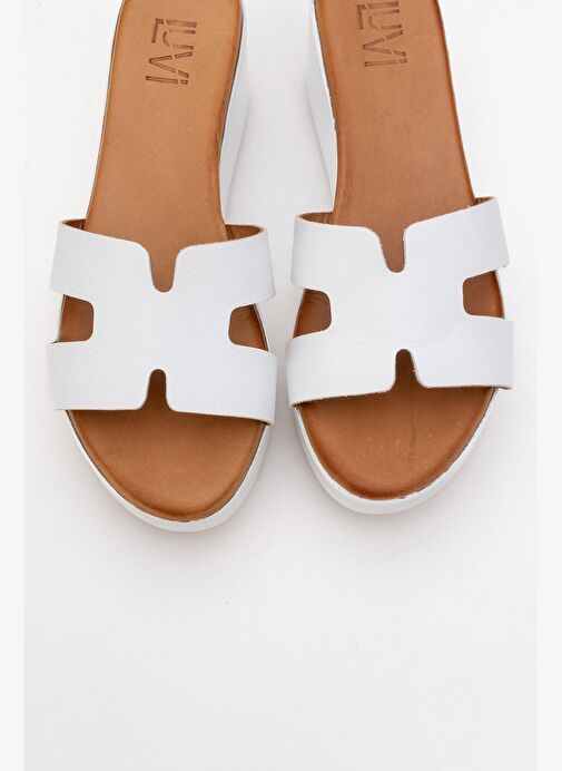 LIA Beyaz Cilt Hakiki Deri Kadın Dolgu Topuklu Terlik - Görsel 3