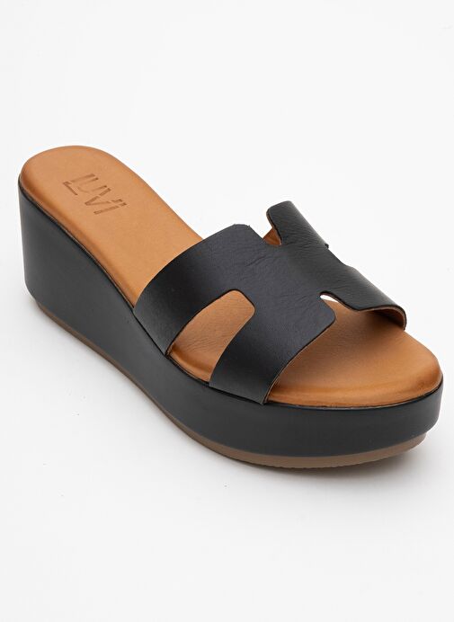 LIA Siyah Cilt Hakiki Deri Kadın Dolgu Topuklu Terlik - Görsel 4