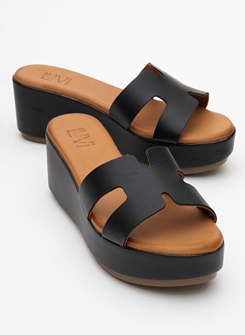 LIA Siyah Cilt Hakiki Deri Kadın Dolgu Topuklu Terlik - Görsel 2