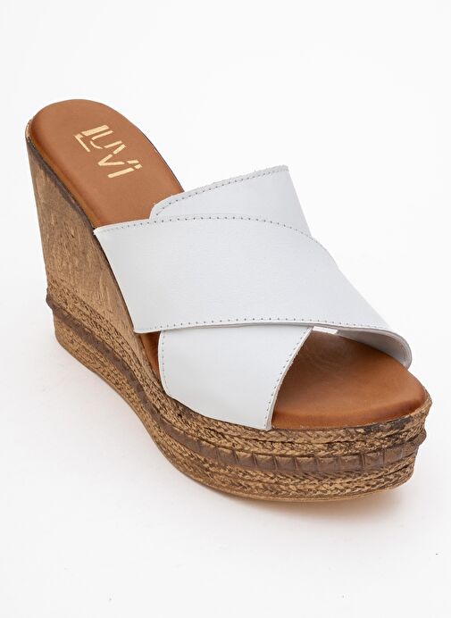 LOIS Beyaz Cilt Hakiki Deri Kadın Dolgu Topuklu Terlik - Görsel 3