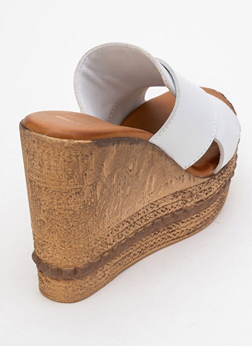 LOIS Beyaz Cilt Hakiki Deri Kadın Dolgu Topuklu Terlik - Görsel 4