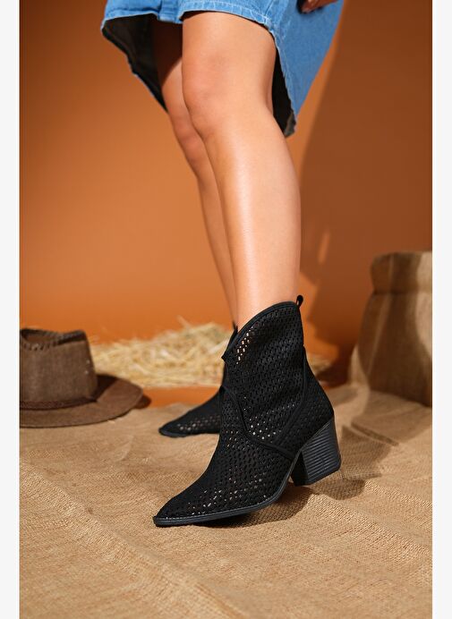 PERA Siyah Kadın Kalın Topuklu Yazlık Bot - Görsel 5