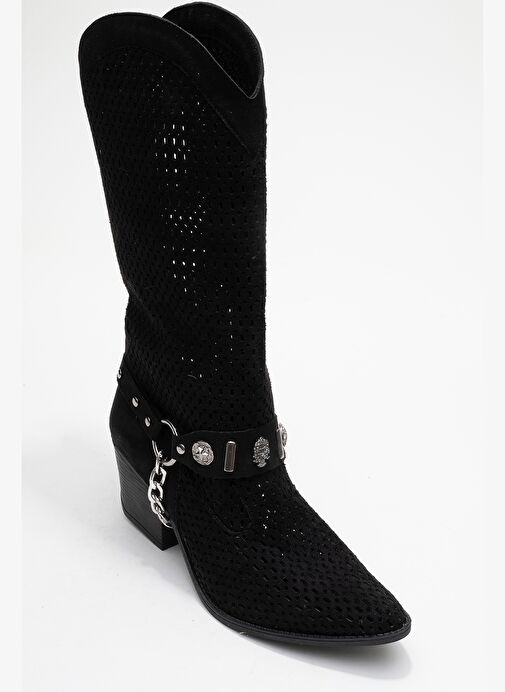 LIZA Siyah Kemerli Kalın Topuklu Kadın Yazlık Çizme - Görsel 8