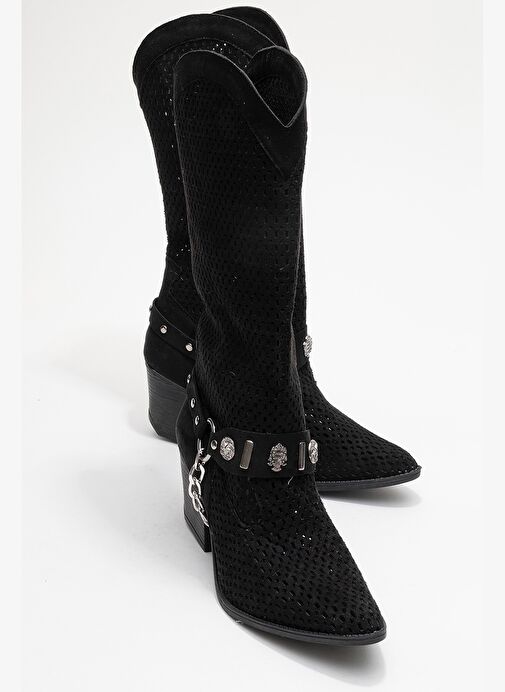 LIZA Siyah Kemerli Kalın Topuklu Kadın Yazlık Çizme - Görsel 6