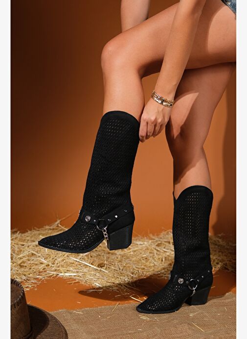 LIZA Siyah Kemerli Kalın Topuklu Kadın Yazlık Çizme - Görsel 2