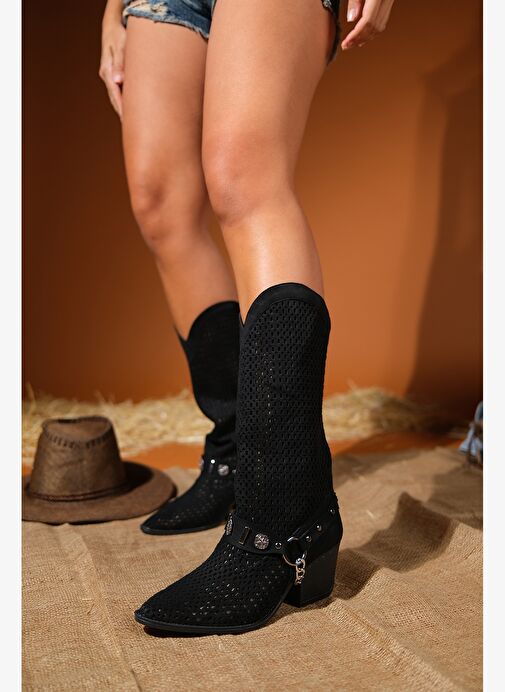 LIZA Siyah Kemerli Kalın Topuklu Kadın Yazlık Çizme - Görsel 4