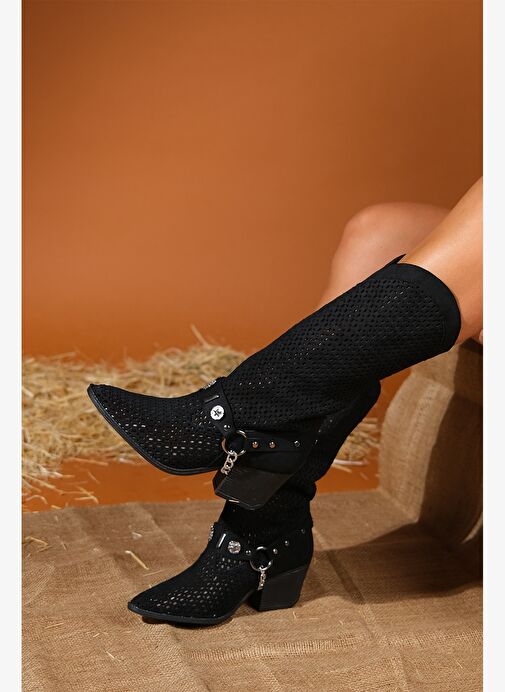LIZA Siyah Kemerli Kalın Topuklu Kadın Yazlık Çizme - Görsel 3