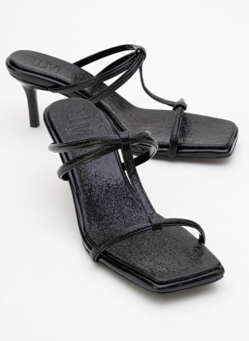 MOCHA Siyah Desenli Kare Burunlu İnce Bantlı Kadın Topuklu Terlik - Görsel 2